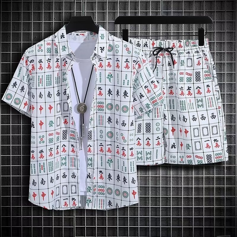 Men's Tropical Print Short Sleeve Shirt And Shorts Set, Quick-Dry Hawaiian Beach Outfit, Matching Couple Vacation Two-Piece Set​_viptrois.com