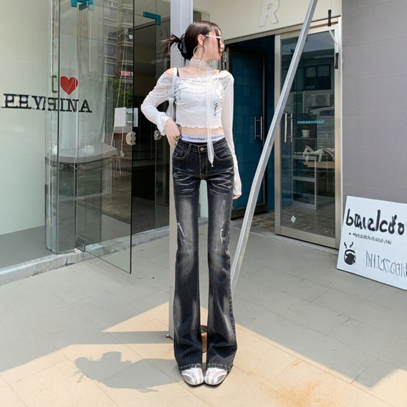 Vintage Ripped Flared Jeans for Women, Low-Waist, 2026 Spring/Summer New Style, Petite Slim-Fit, Flattering Design, Long Pants Vintage Ripped Flared Jeans for Women, Low-Waist, 2026 Spring/Summer New Style, Petite Slim-Fit, Flattering Design, Long Pants