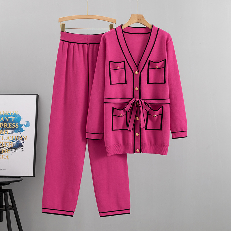 Ensemble pantalon pour femme, cardigan tricoté, pantalon à jambes larges, ensemble deux pièces à la mode, tempérament de printemps, automne et hiver_voghion.com