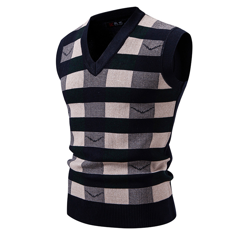 Gilet sans manches en maille pour homme, idéal pour l'automne et l'hiver. Coupe ajustée, col en V, sans manches, motif jacquard. Disponible en coloris uni et à carreaux._voghion.com