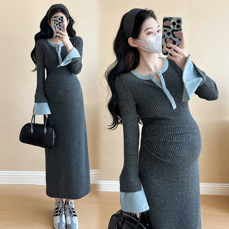 Вязаная юбка для беременных 2024 осень-зима новая мода горячая мама темперамент эластичные тонкие сшитые платья