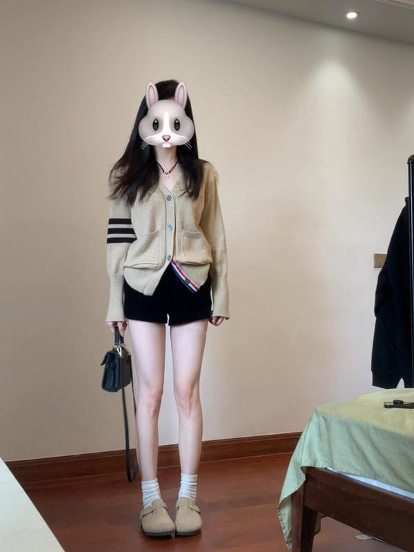 跨境撞色V领软糯毛衣开衫女5春秋季新慵懒学院风针织衫外套衣卡其|undefined