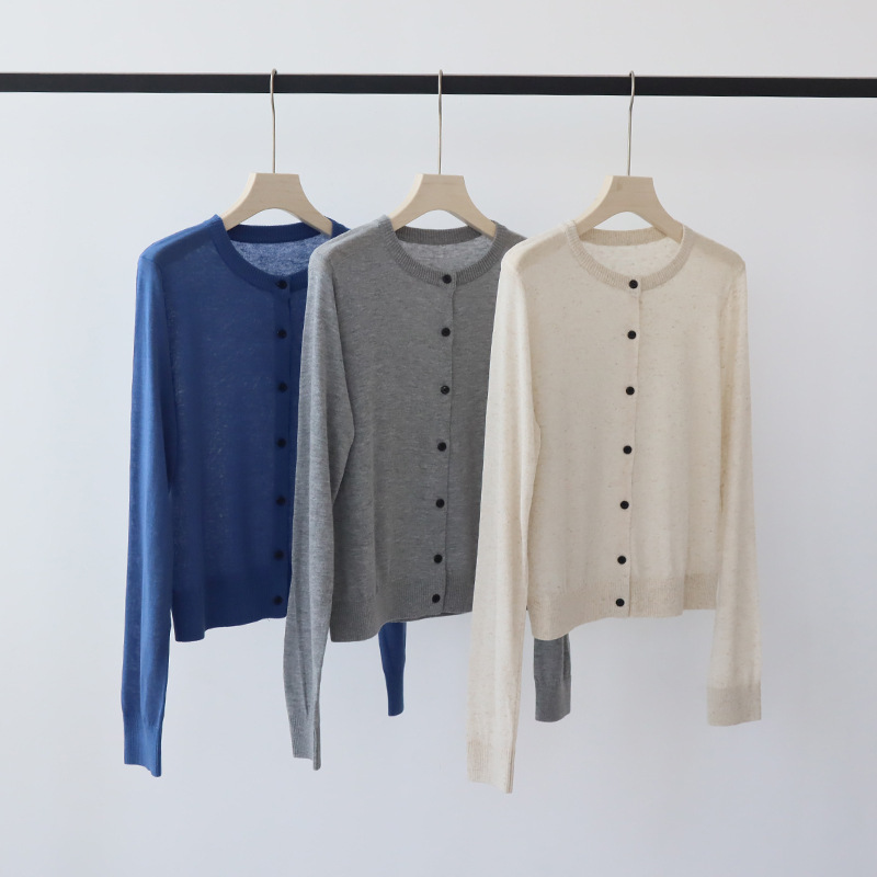 Thirteen Lines Women's Simple Elegant Tianshuang Linen Knitted Sweater Cardigan Round Neck Thin Long Sleeve Outer Sun Protection Commuter