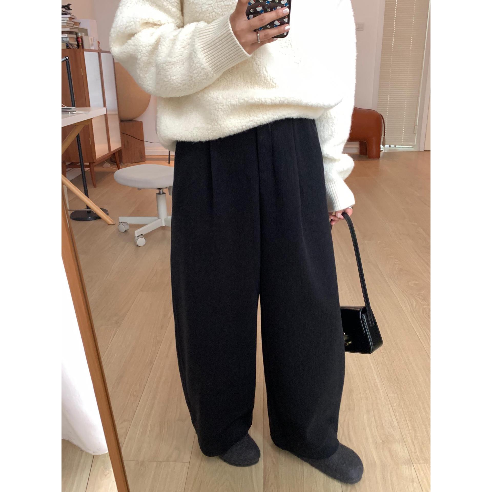 (2개) 2024 겨울 하이 퀄리티 양모 넓은 다리 9 점 캐주얼 바지 여성용 게으른 통근 슬리밍 바지 캐주얼 바지