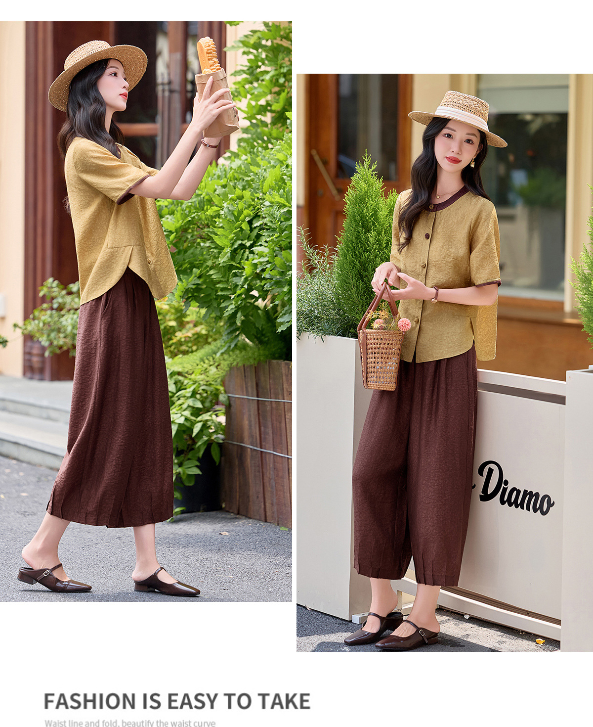 Bộ quần áo nữ hai mảnh gồm áo thun cổ tròn và quần ống đứng dài 9 phần — Cam + Xanh đậm, Vàng + Nâu chi tiết 14