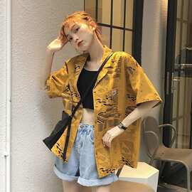 港风衬衫女短袖夏季新款复古宽松外穿小众印花衬衣外套薄款上衣
