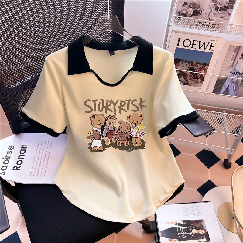 Camiseta de hombro más el tamaño de las mujeres 2023 Verano manga corta estilo francés Chubby Girl diseño vientre que cubre adelgazamiento POLO cuello carne escondite top image 7