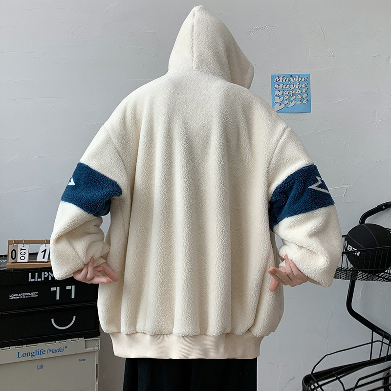 Invierno forrado de lana engrosada de algodón acolchado de lana de moda costura Abrigo con capucha para los hombres