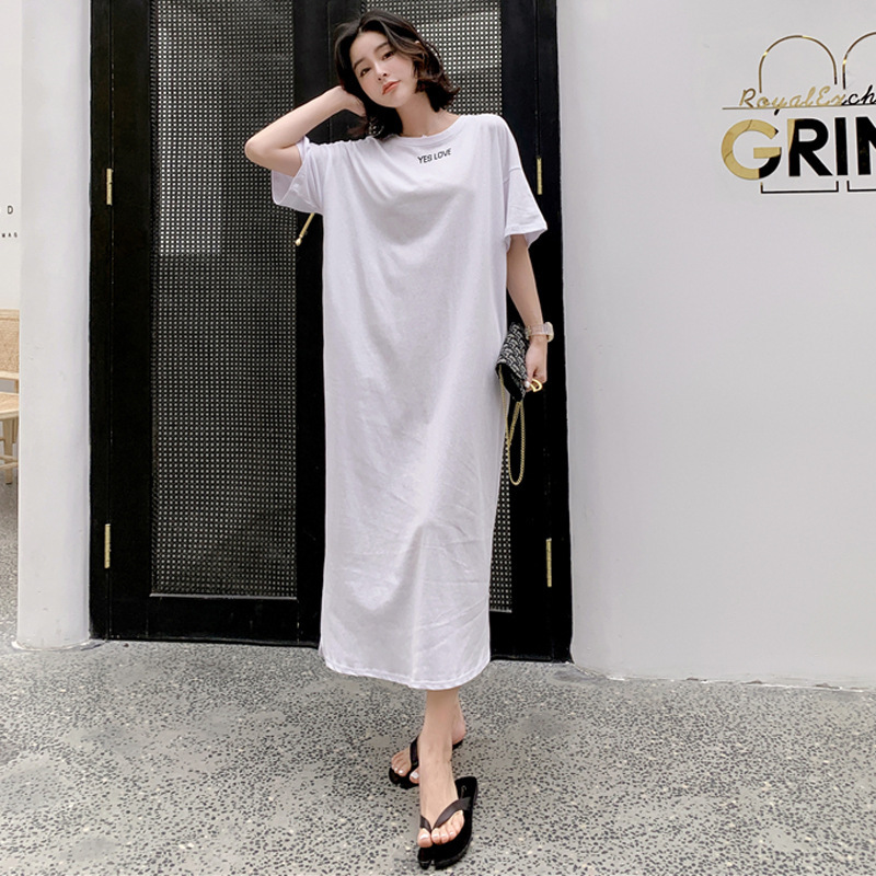 Korean Style Summer Loose Large Size Cartoon Split T-Shirt Super Long Over-the-Knee Dress Hoodie Long Dress for Women