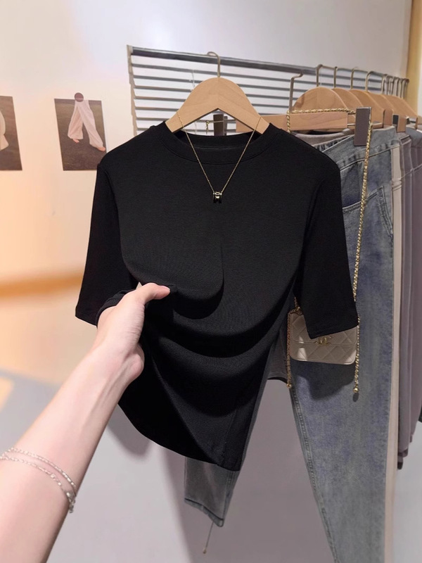 モーダル黒正肩中袖tシャツ女性夏春ねじ半袖丸襟修身五分袖底上着|undefined