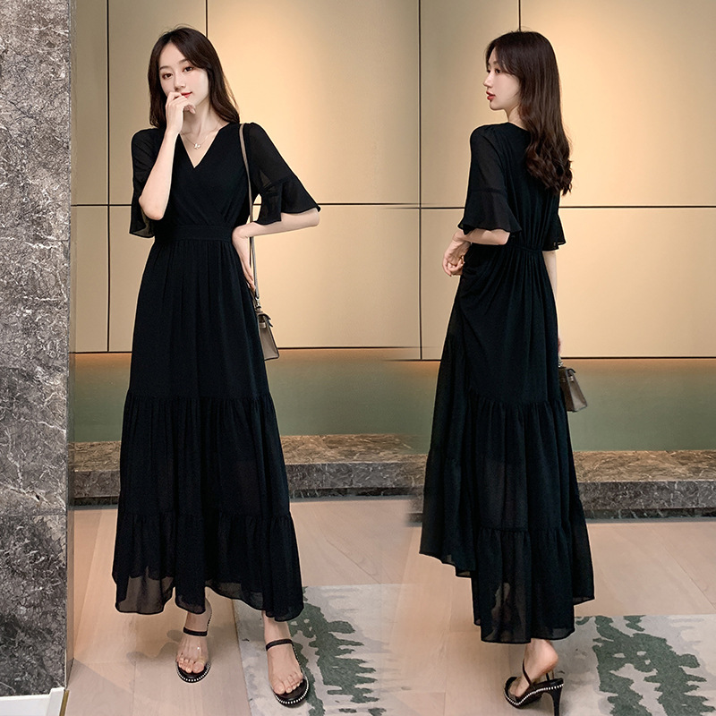 Dress Women's New Summer Chiffon Black Long Bare-Leg Skirt French High-End Elegant Large Size Fat mm Long Skirt