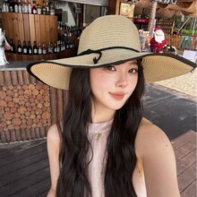 13CM加大帽檐草帽网红风防晒太阳帽ins沙滩帽度假遮阳氛围感帽子