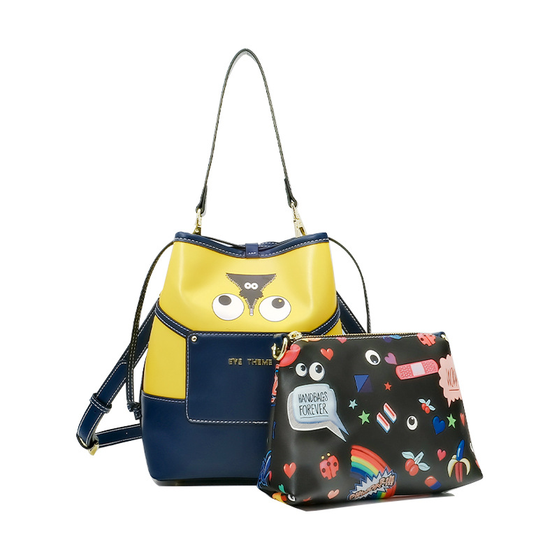 Emballado amarillo damas casuales nueva tendencia bolso de calle impresión inclinada extraña bolso de cubo 2658 #