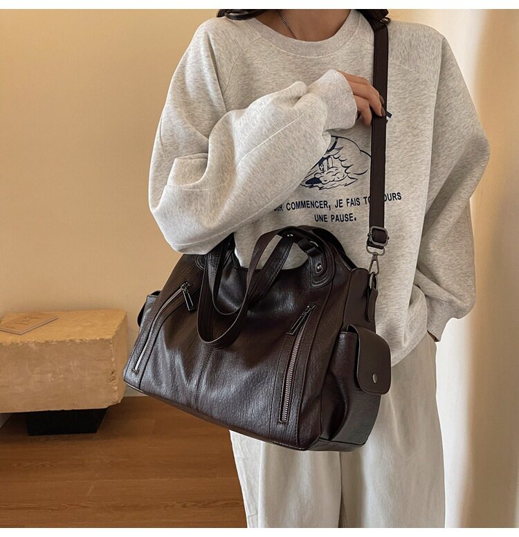 Túi tote nữ dung tích lớn đeo chéo đeo vai phong cách retro, chất liệu PU mềm — Màu cà phê, Màu nâu, Màu đen chi tiết 26