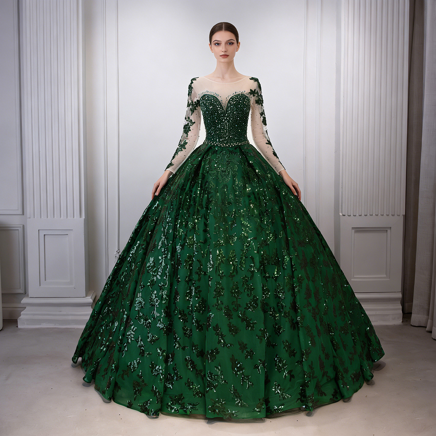 Foreign Trade Cross-Border Heavy-Duty Wedding Dress Evening Gown 2026 European and American Long-Sleeve Performance Ball Gown Art Exam Retro Puffy Dress for Adults