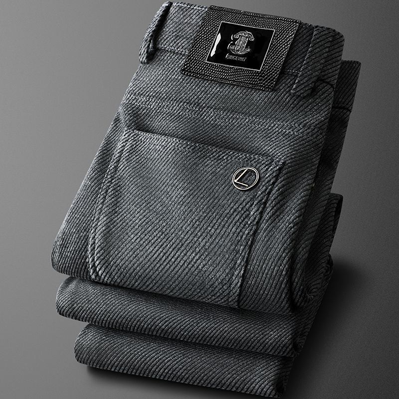 轻奢灰色斜纹修身小直筒休闲裤男时尚皮牌秋季男士帅气有型商务裤