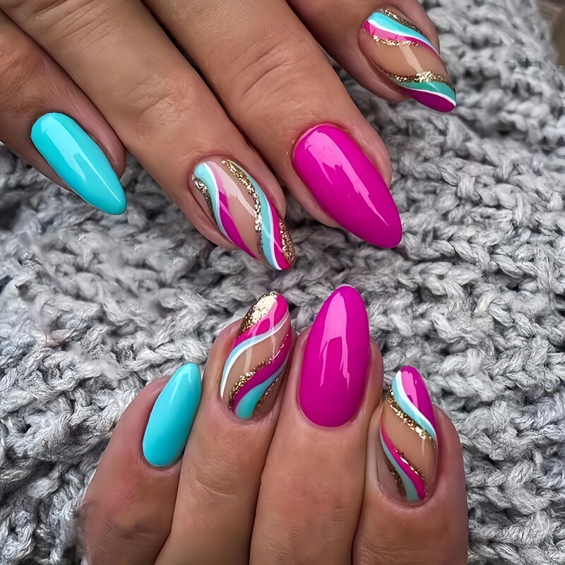 European and American Corrugated Glitter Almond Nails Rose Red Aqua Blue Jump Color Curve Wearable Nails Fake Nails Finished Product Mixed Batch European and American Corrugated Glitter Almond Nails Rose Red Aqua Blue Jump Color Curve Wearable Nails Fake Nails Finished Product Mixed Batch