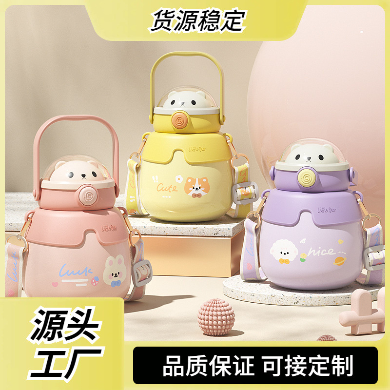 High-looking Internet celebrity big belly Cup cute cartoon children's double drink bear straw water Cup 316 stainless steel vacuum cup