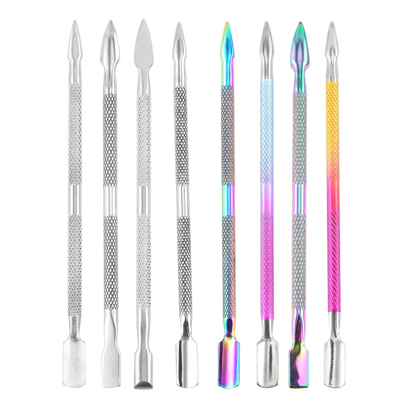 Acero inoxidable manicure acero empuje piel muerta empuje pequeño acero empuje piel muerta pala de doble cabeza de remoción de uñas planadora de remoción de uñas pegamento de aceite herramientas de manicure