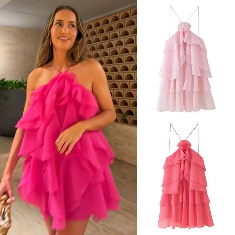ZA速卖通人気商品、海外向け欧米婦人服卸売、三色重ね花飾りショートワンピース|undefined
