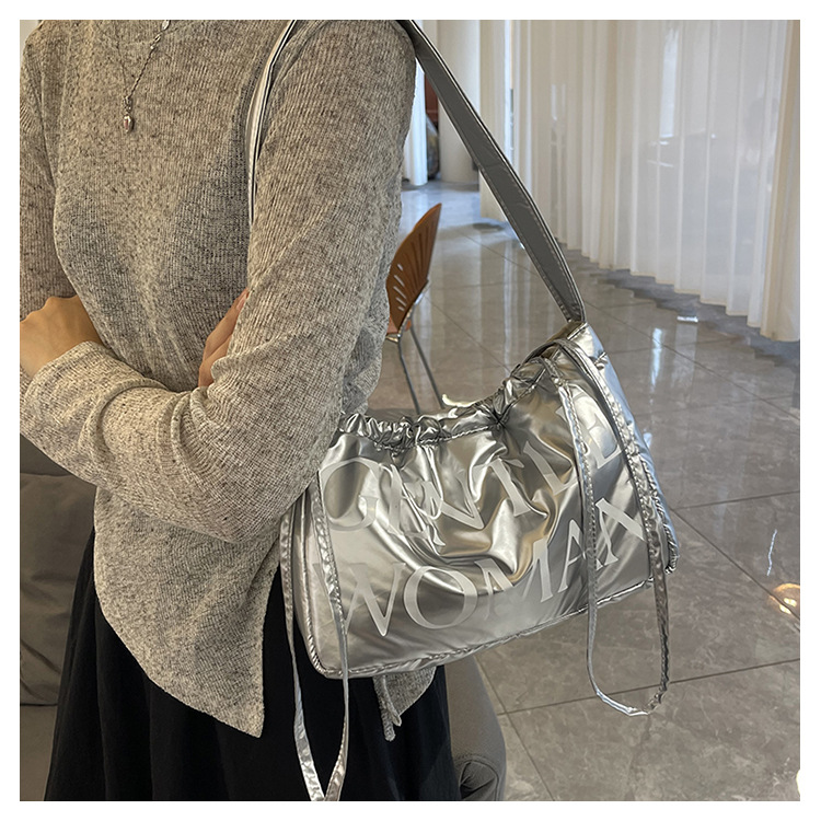 Candy colored new letter printed drawstring shoulder niche design dumpling women's armpit bag_voghion.com