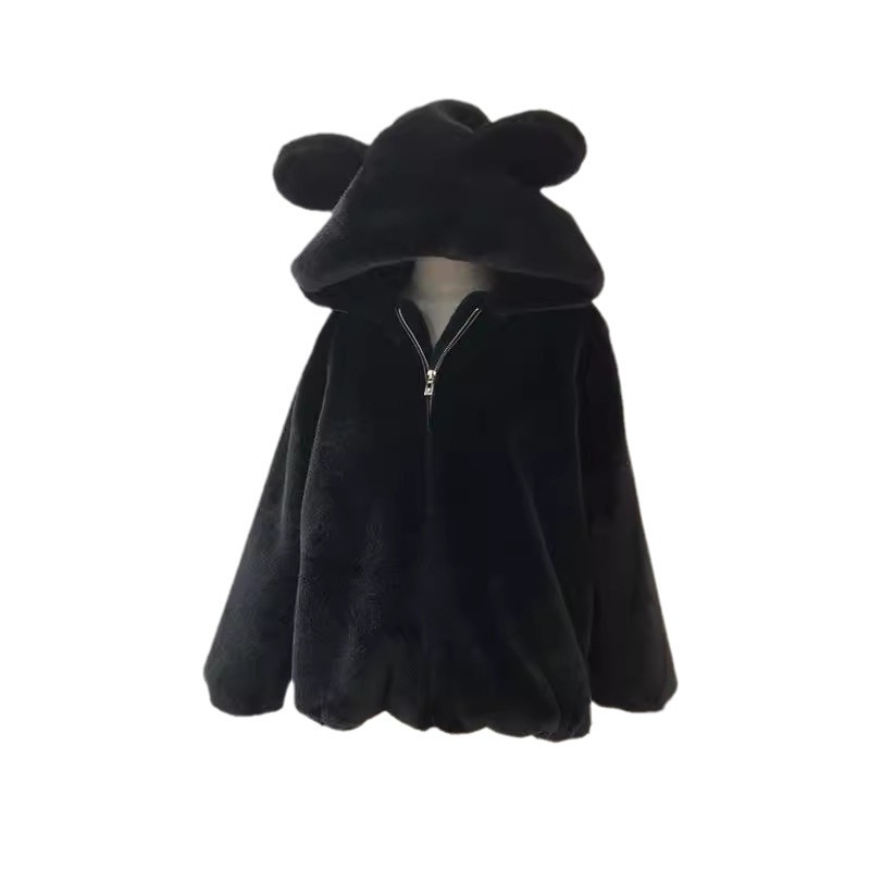 Dameskleding Nieuwe winterbont verdikte pluche schattige capuchon bruine beer oren rex konijnenbont korte rits jas voor dames_voghion.com