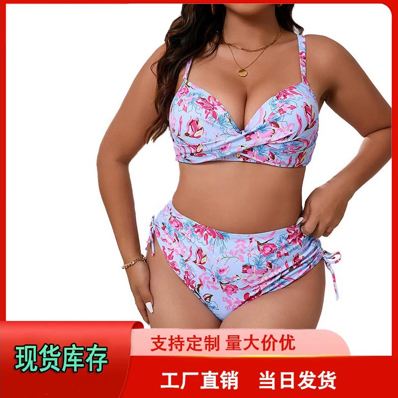 Swimwear, supporting sexy beach split concealer in bikini area for swimming, European style, tight, plus size, floral print