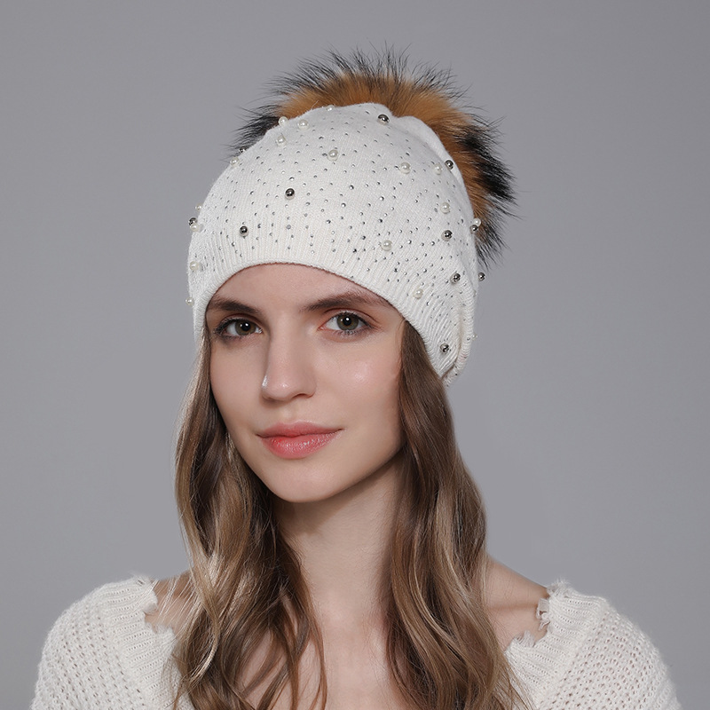 Perle de laine pour femmes pour la chaleur de l'hiver, chapeau tricoté en boule de fourrure de raton laveur, style pull à la mode pour femmes_voghion.com