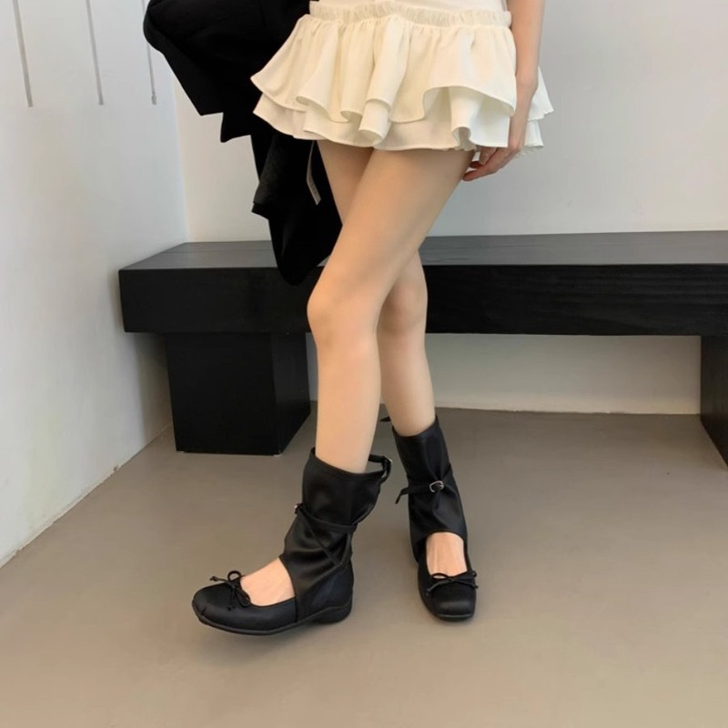 韓国ニッチデザインサンダル女性のための 2025 新しい夏のリボンバレエプリーツパイルブーツミッドカーフブーツ|undefined