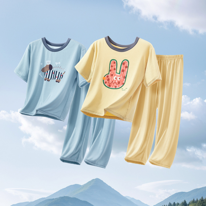 Summer Children's Pajamas Thin Cartoon Short-Sleeved Trousers for Boys and Girls Home Clothes Baby Air-Conditioned Clothes Set