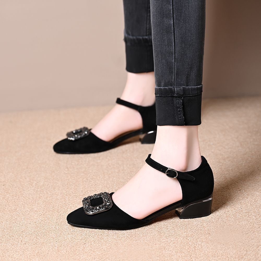 跨境批发时尚水钻方扣一字带粗根高跟鞋百搭黑色春季尖头浅口凉鞋