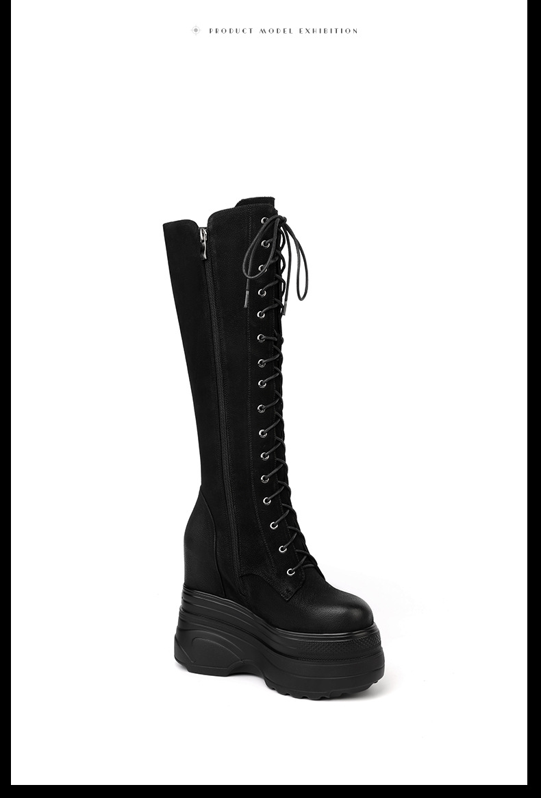 Boot Martin nữ tăng chiều cao đế dày 14 cm, phong cách thu đông — Màu đen lót nhung chi tiết 13