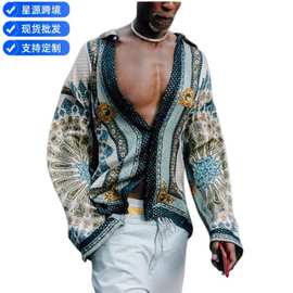 2026夏季亚马逊欧美男装宽松衬衣印花长袖衬衫男士热销潮流帅气