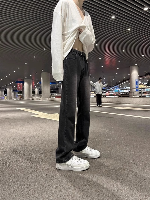 黑色微喇水洗牛仔裤男直筒宽松美式高街vibe裤子潮流百搭休闲长裤|undefined