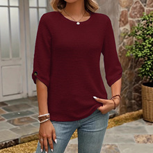 亚马逊跨境2025春秋冬新款女士休闲纽扣装饰中袖纯色百搭圆领上衣