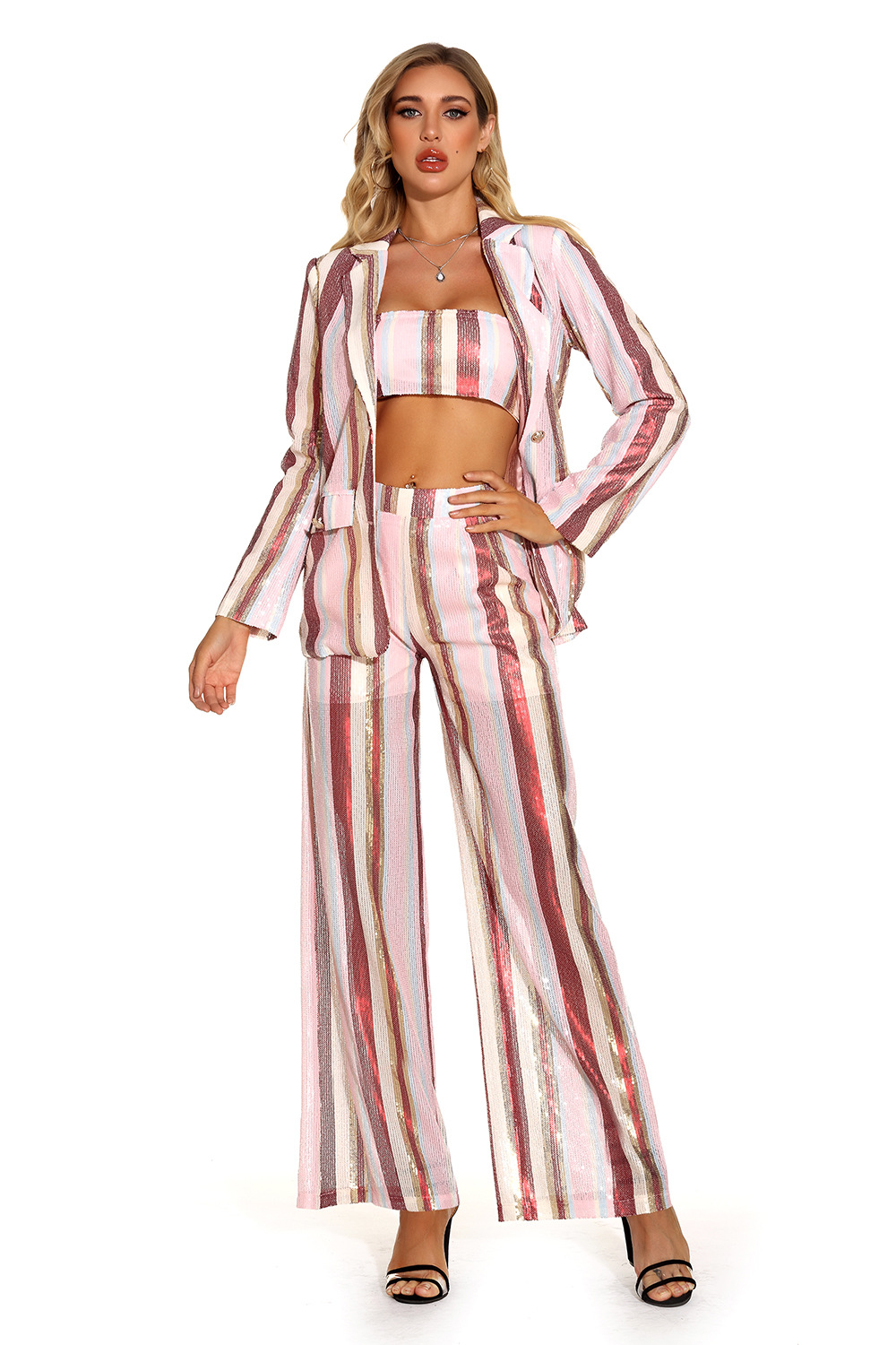 GraceChic GraceChic European And American New Three-Piece Set Early Autumn Fashion Women's Small Blazer Striped Casual Wide-Leg Pants_voghion.com