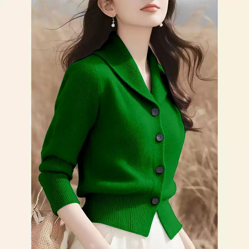 专柜女装毛衣时尚优雅纯色翻领长袖针织开衫女秋冬长袖上衣女|undefined