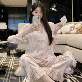 甜美小兔印花缎面冰丝长袖睡衣春夏秋少女家居服套装25新款高级感