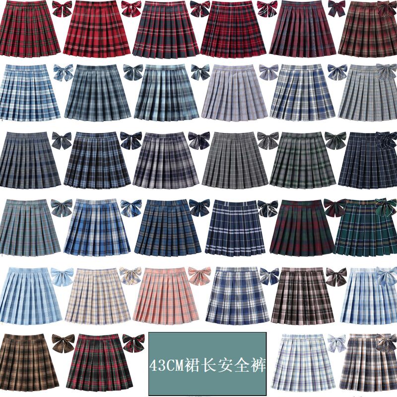 (43cm Skirt + Bow Tie with Safety Shorts) British-Style High-Waisted Plaid Anti-Exposure Jk Uniform 100% off Pleated Women's Short Skirt