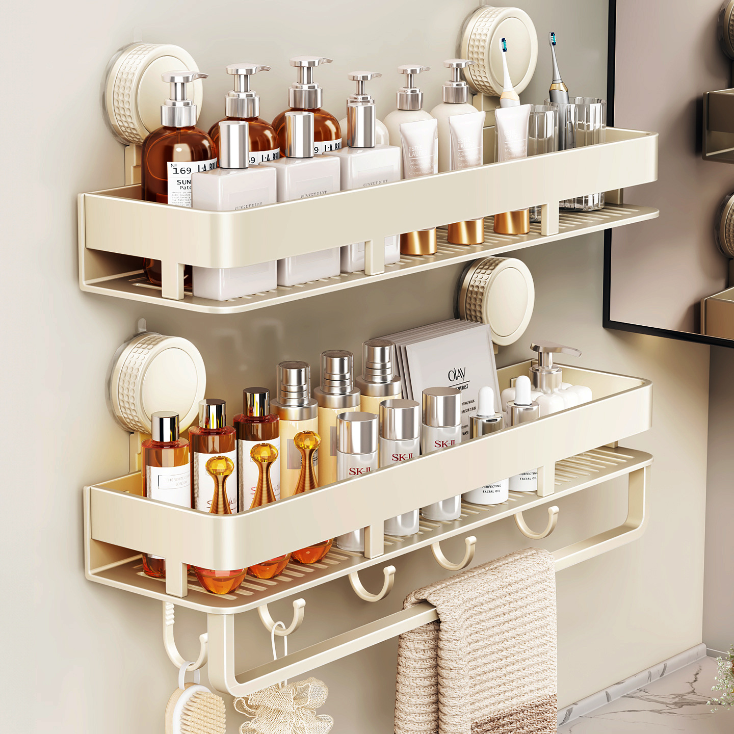 Suction Cup Storage Rack for Bathroom, No-Drill Wall-Mounted Organizer for Washbasin and Toilet