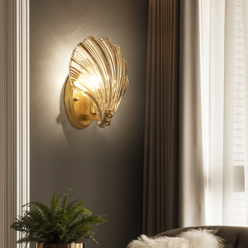 北欧简约壁灯黄铜玻璃贝壳壁灯创意个性卧室床头壁灯客厅背景墙灯