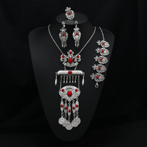 European and American ethnic style long tassel necklace retro exotic bohemian vacation bracelet earrings travel suit for women