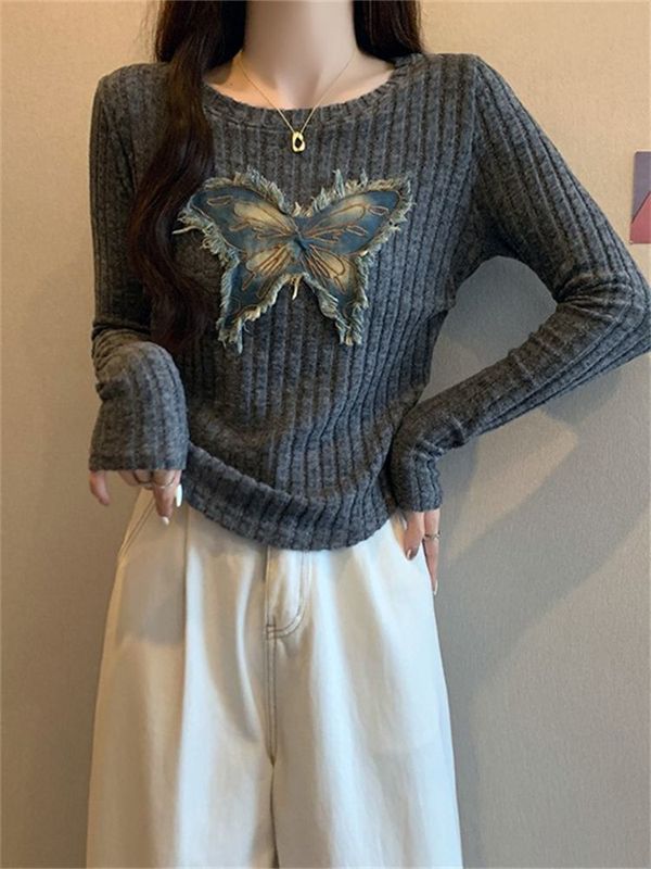 ホットガールスリムバタフライパッチショルダー長袖Tシャツレディース秋冬デザインスリムインナーレイヤリングシャツトップトレンディ|undefined