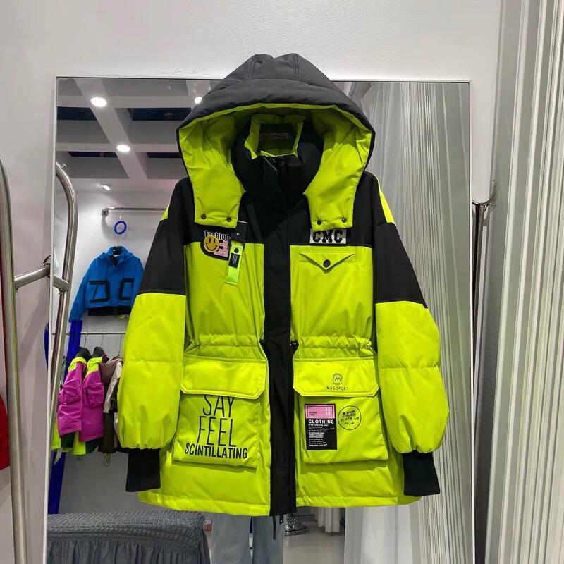 2025新款刺绣潮牌连帽羽绒服外套女中长款收腰撞色工装加厚派克服|undefined