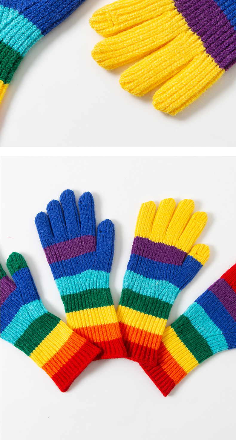 Rainbow Stripe Gloves Wool Thickened Touch Screen For Couples_voghion.com
