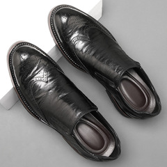 頭層羊皮布洛克男士皮鞋商務正裝增高鞋一腳蹬套腳休閒牛筋底男鞋
