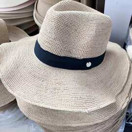 拉菲草帽子手工编织礼帽欧风美爵士帽夏季可折叠草帽情侣款男女帽