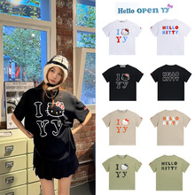 韩国open YY短袖边伯贤同款kitty联名款纯棉休闲男女情侣款T恤潮