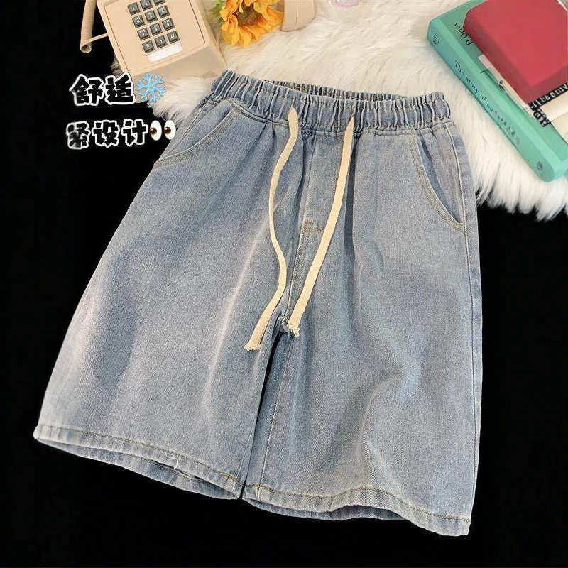 Summer Elastic Waist 2026 Thin Denim Shorts for Men, High-Waisted Slimming Straight Wide-Leg Mid-Length Loose Shorts