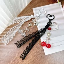 细闪粉樱桃爱心钥匙扣碎花蕾丝丝带挂饰心形挂钩包包挂件个性配饰